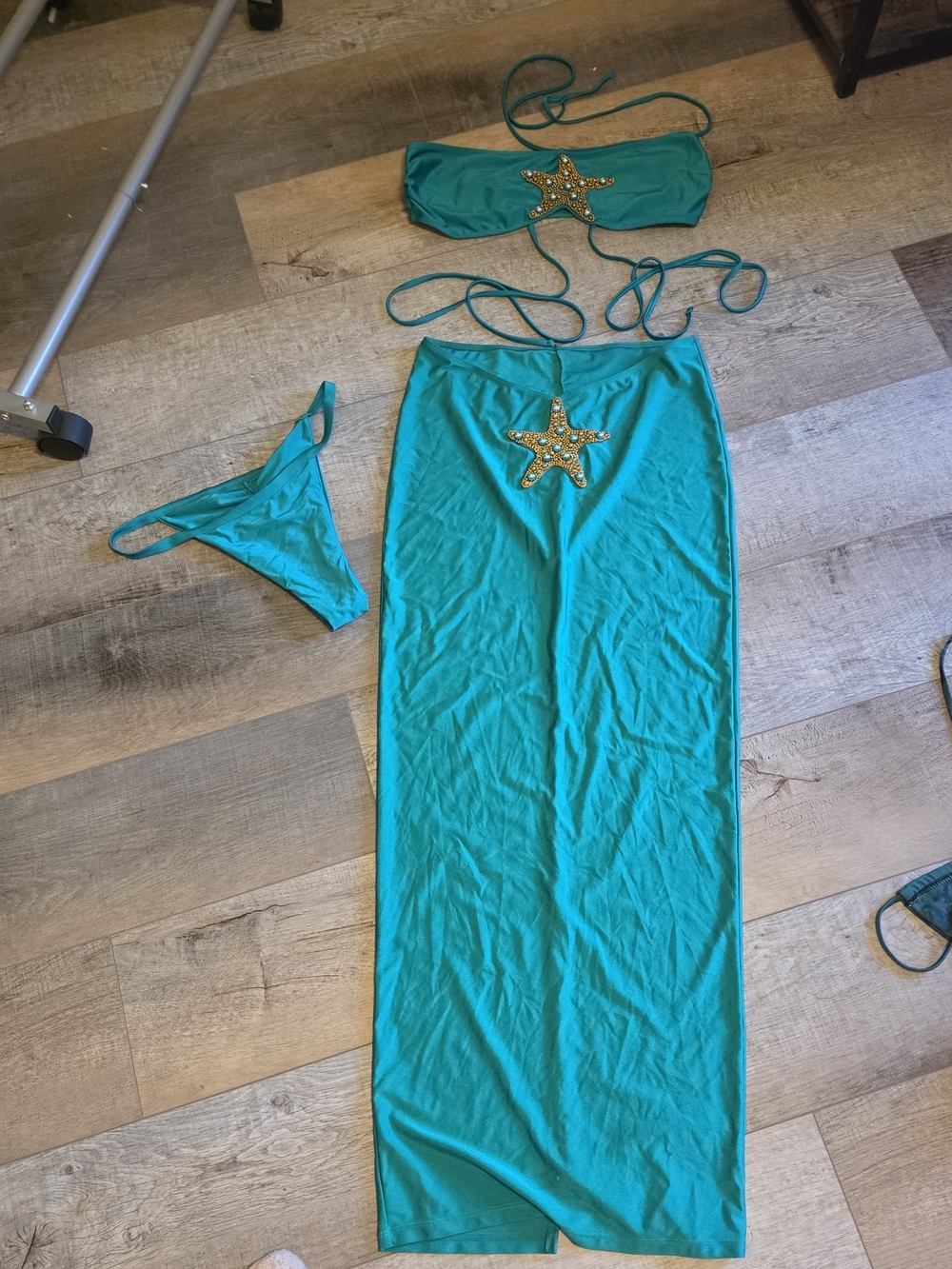 Fashion Nova Teal Starfish Embellished Bikini Set with Sarong